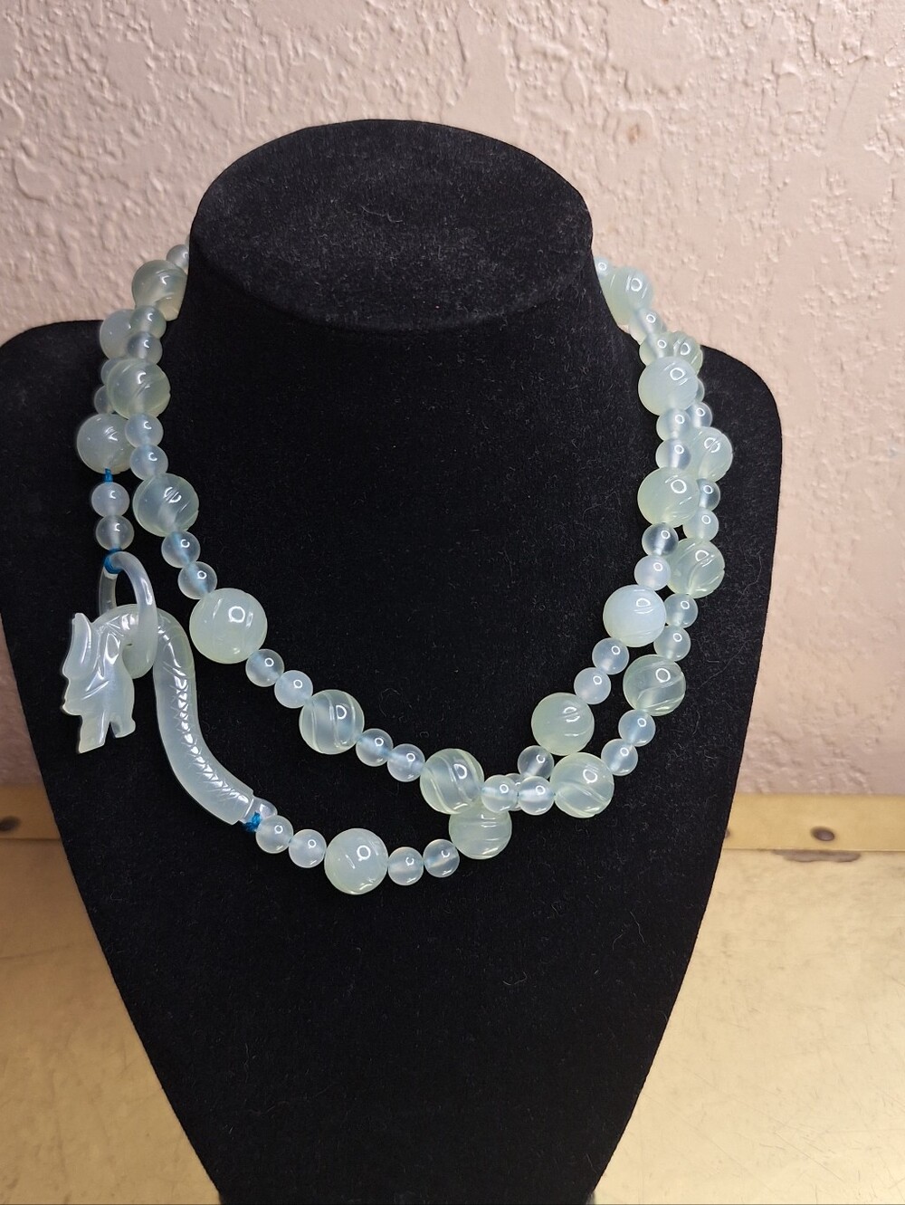 Carved Jade Chinese Dragon Beaded Necklace - Hand knotted. *Repared